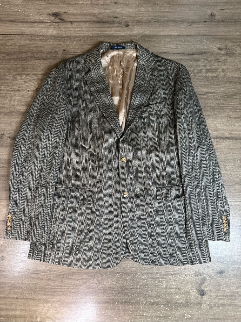 Lands’ End 46L Lambswool Herringbone Tweed Blazer Sport Coat Gray 2 Button